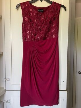 Enfocus Studio Sleeveless Rose Asymmetric Cocktail Dress in Berry
